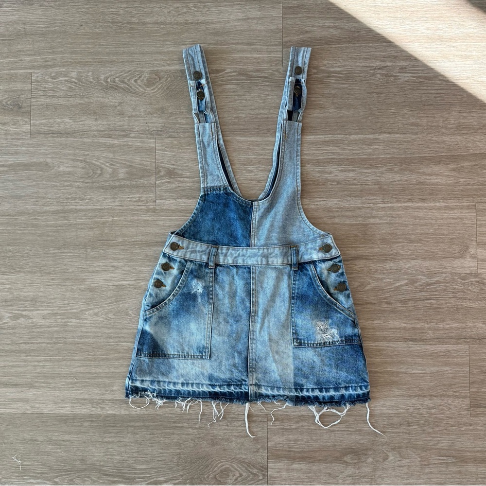 Free People Patchwork Blues Blue Denim Pinafore Dress, Size 4